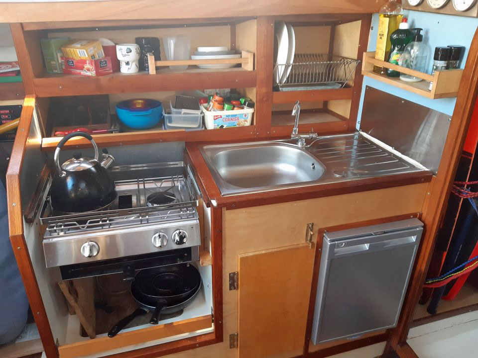 The galley in a Moody 33 sailboat