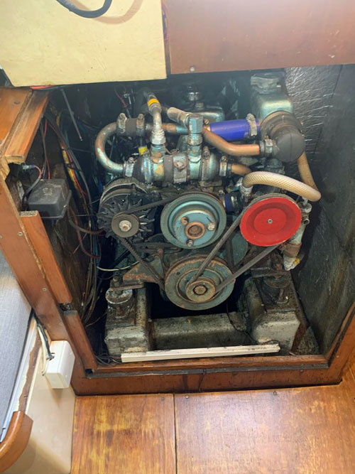 The diesel engine of a Moody 33s sailboat
