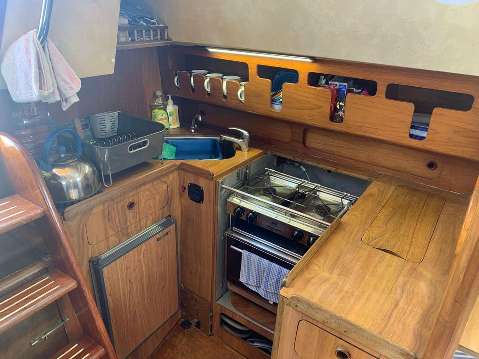 The galley of a Moody 33s sailboat