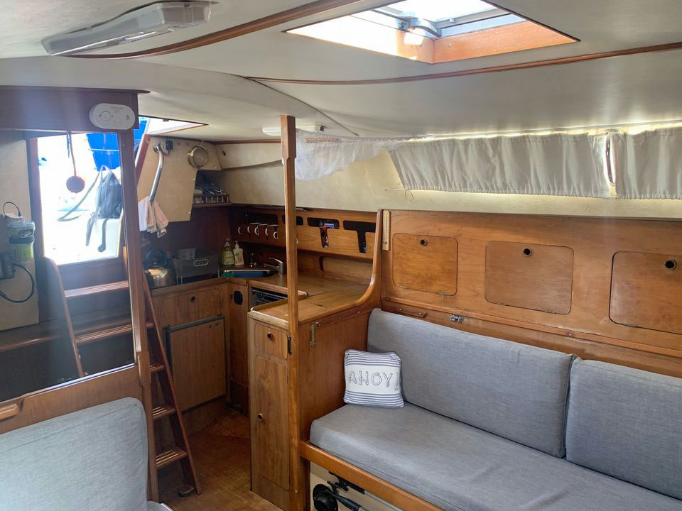 The saloon and galley in a Moody 33s sailboat