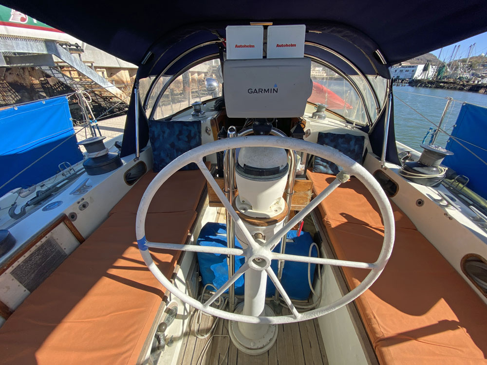 The cockpit on a Moody 44 sailboat