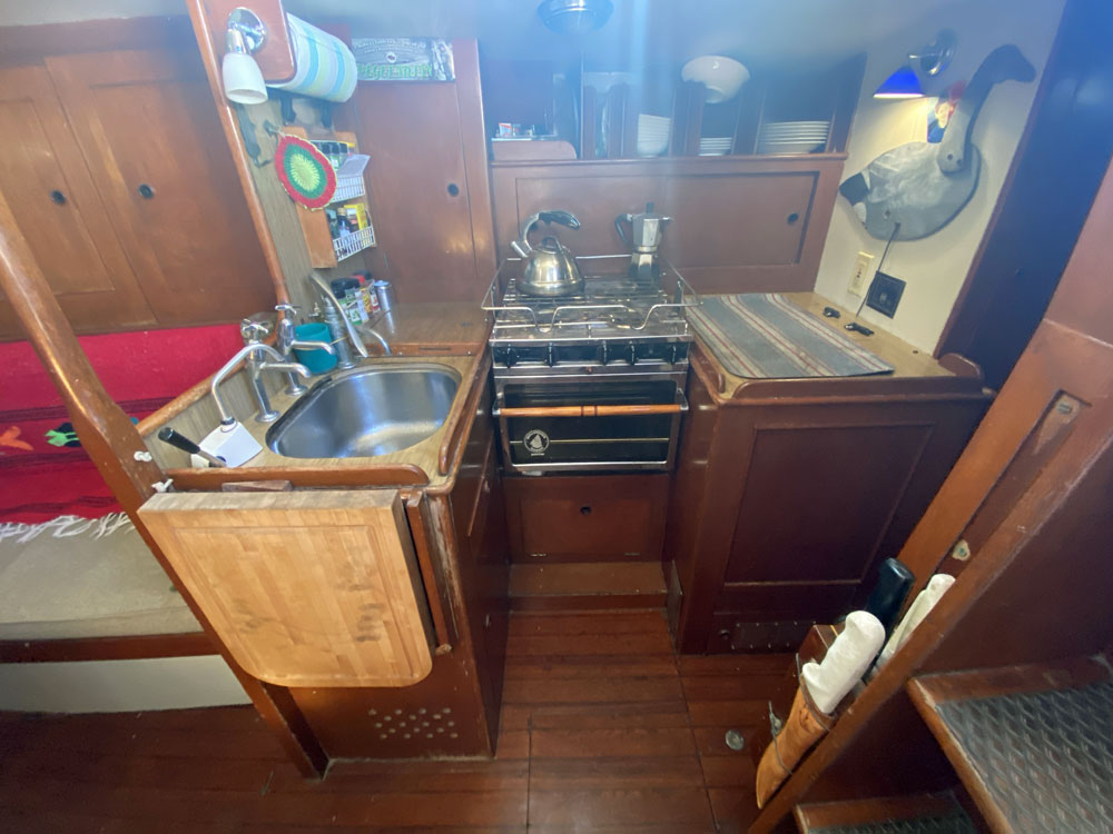 The galley on a Moody 44 sailboat