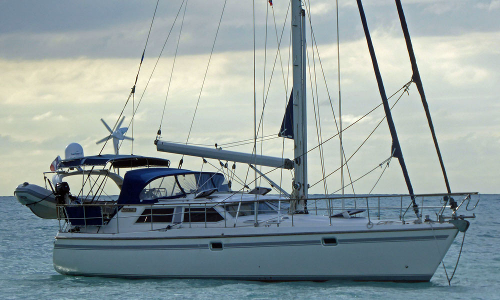 'Phoebus', a Moody Eclipse 43 cutter-rigged sailboat at anchor