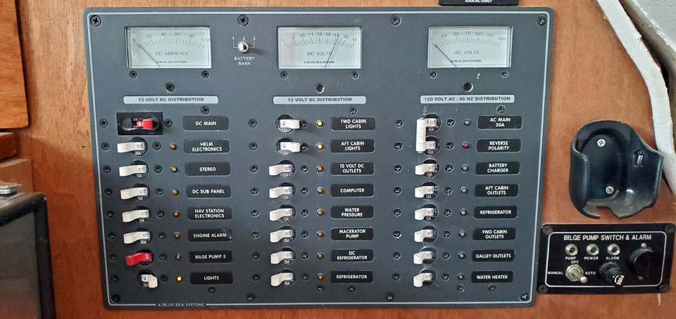 The electrical switch panel of a Morgan 41 Out Island ketch
