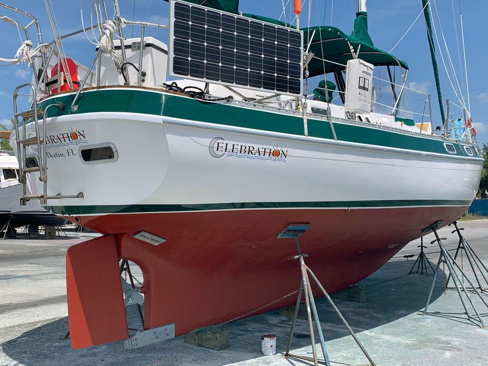 The underwater profile of 'Celebration' a Morgan Out Island 415 ketch