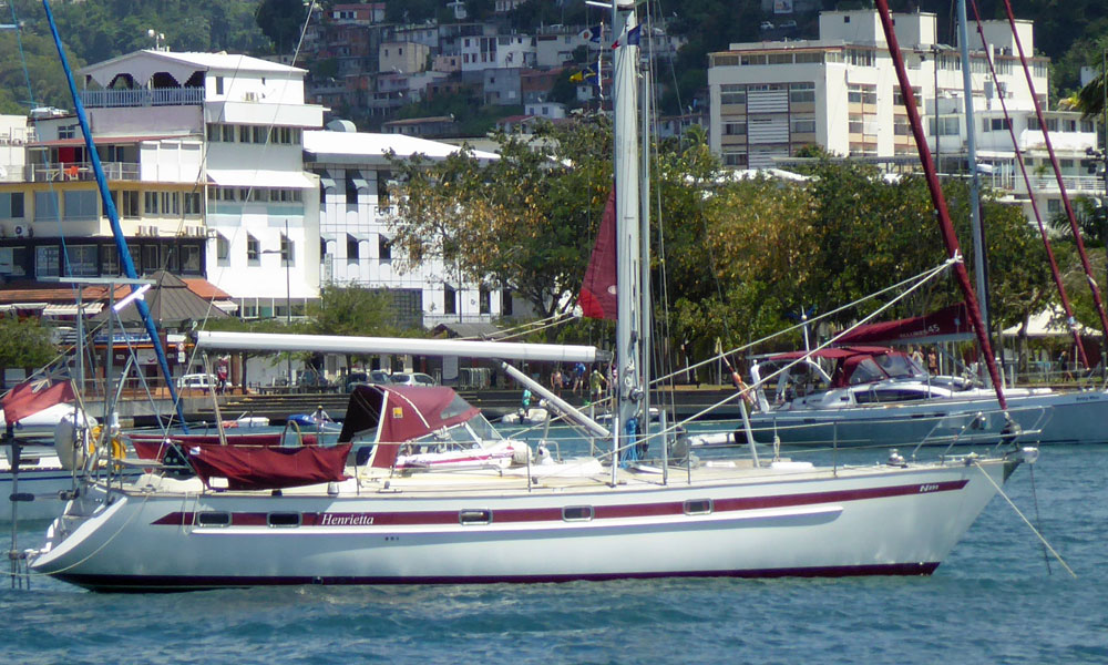 A Najad 391 sailboat at anchor