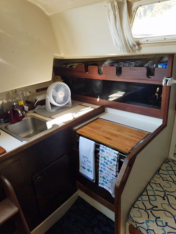 The galley on an O'Day 30 sailboat