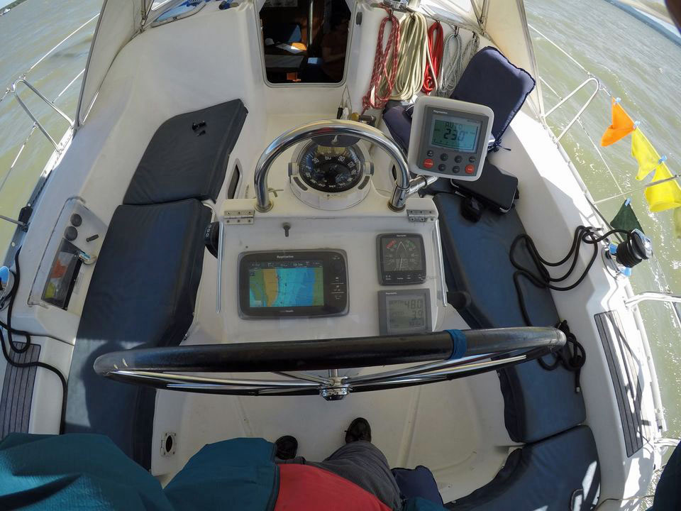 Pedestal-mounted electronic instruments on a Oceanis Clipper 393