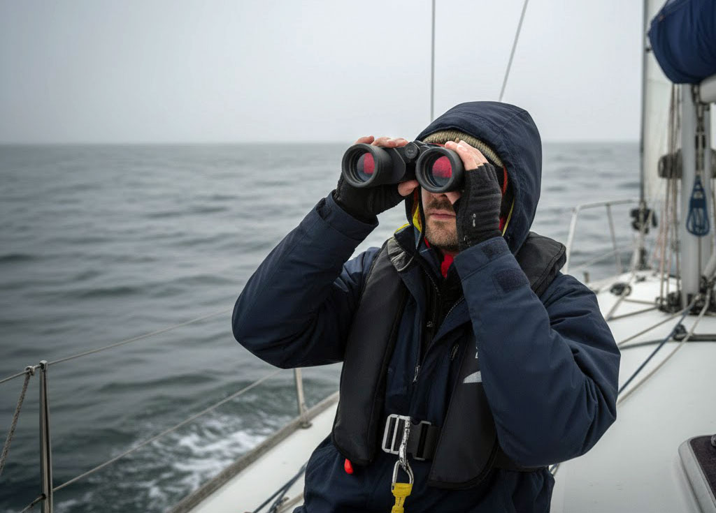Crew in cockpit of sailboat on watchkeeping duties