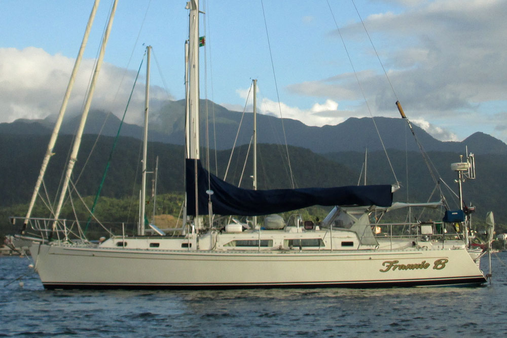 An Outbound 44 'Frannie B' sailboat at anchor in Prince Rupert Bay, Dominica, West Indies