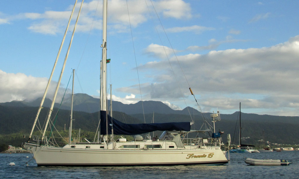 The Outbound 44 sailboat 'Frannie B' at anchor in Prince Rupert Bay, Dominica, West Indies