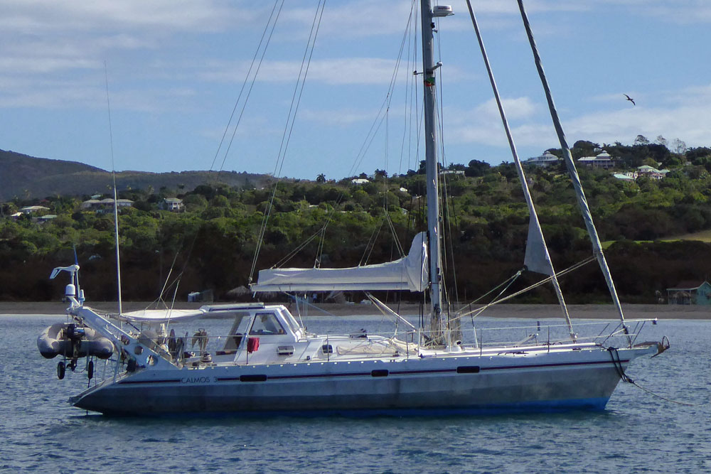 'Barbarossa', a Ovni 43 sailboat anchored in the Jolly Harbour anchorage in Antigua, West Indies