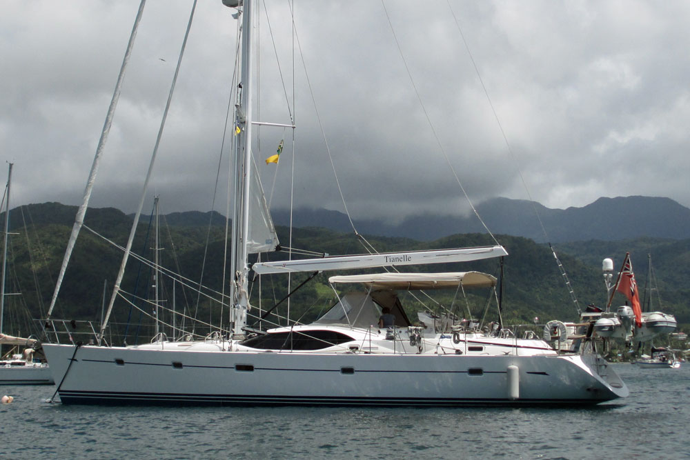 An Oyster 575 sailboat at anchor