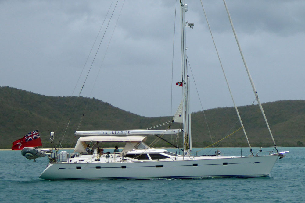 An Oyster 62 sailboat motoring in to Jolly Harbour, Antigua