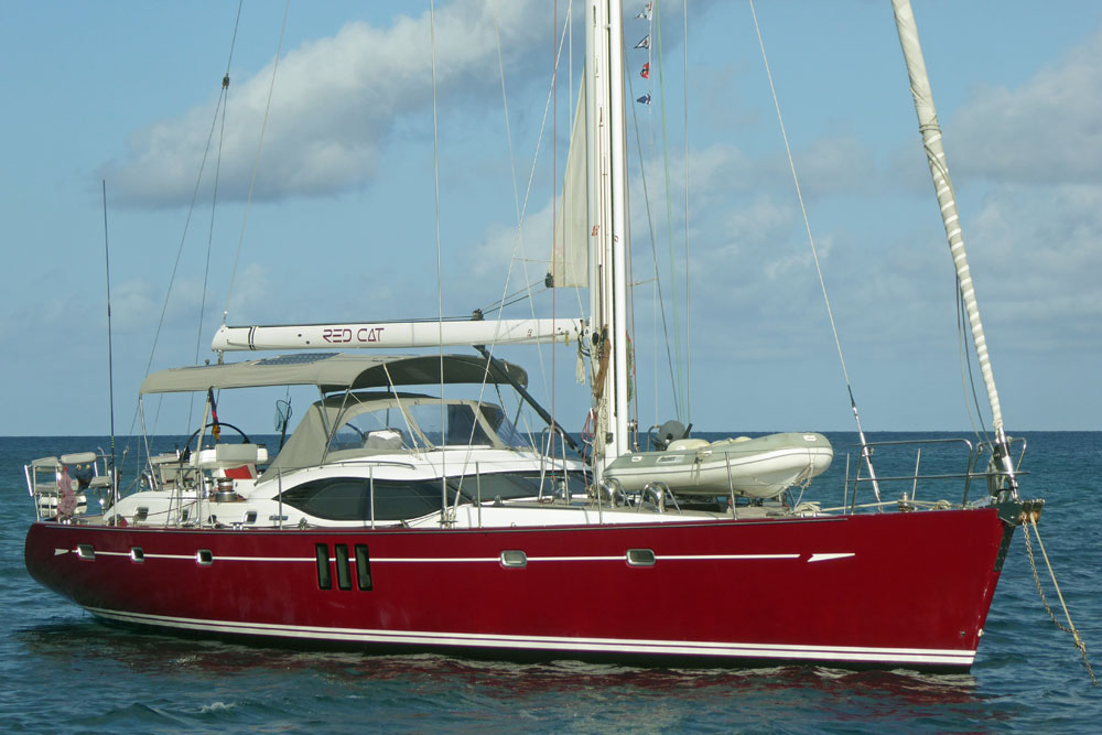 Red Cat', an Oyster 625 cruising yacht anchored in Rodney Bay, St Lucia in the Caribbean