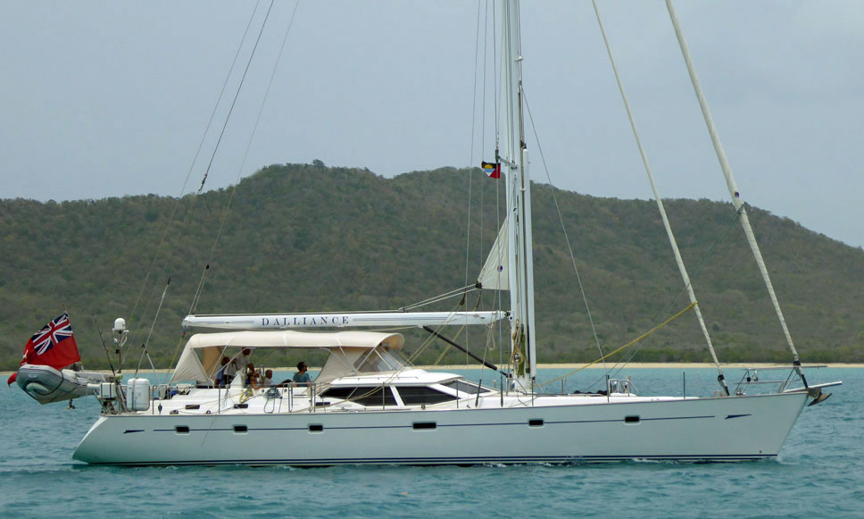 'Dalliance', an Oyster 62 sailboat entering Jolly Harbour, Antigua