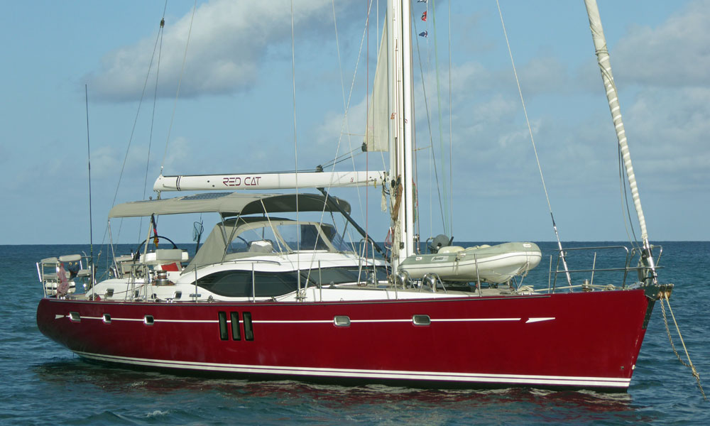 'Red Cat', an Oyster 625 cruising yacht anchored in Rodney Bay, St Lucia in the Caribbean