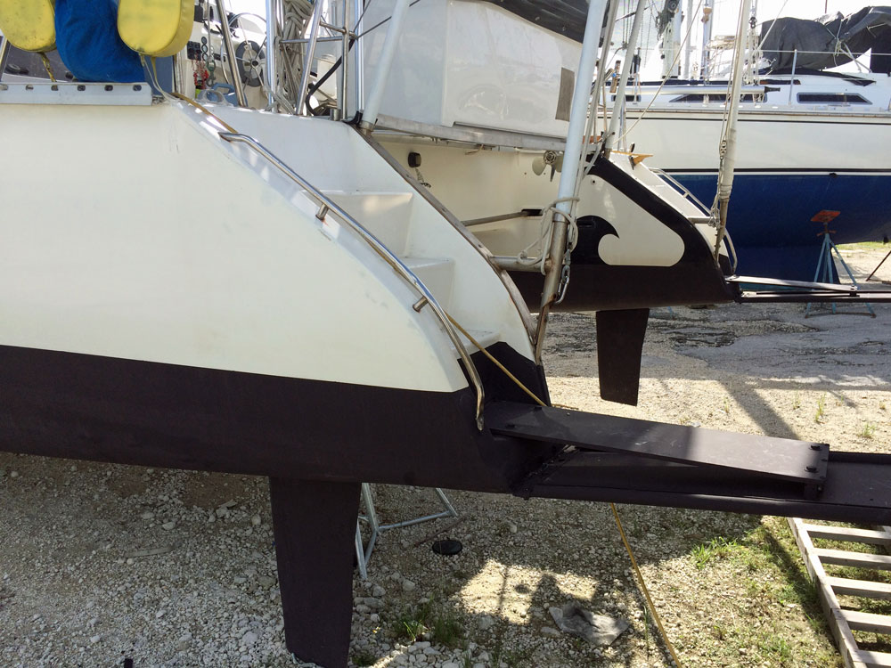 The fold-away hull extensions on a PDQ 36 catamaran