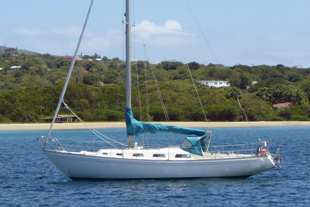 A Rival 34 sailboat at anchor