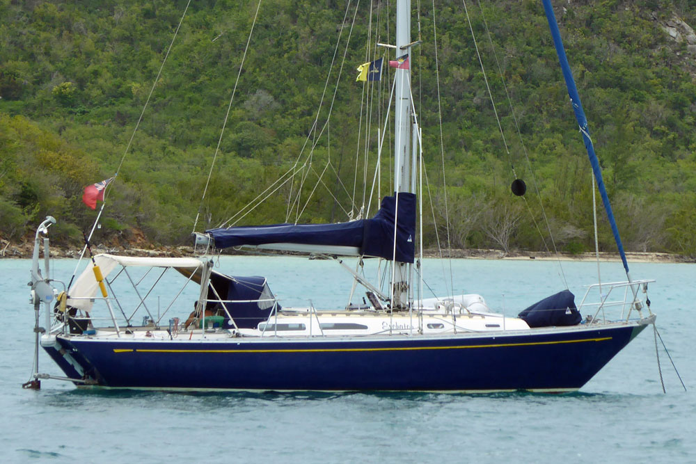 A Rustler 36 sailboat at anchor at Jolly Harbour, Antigua