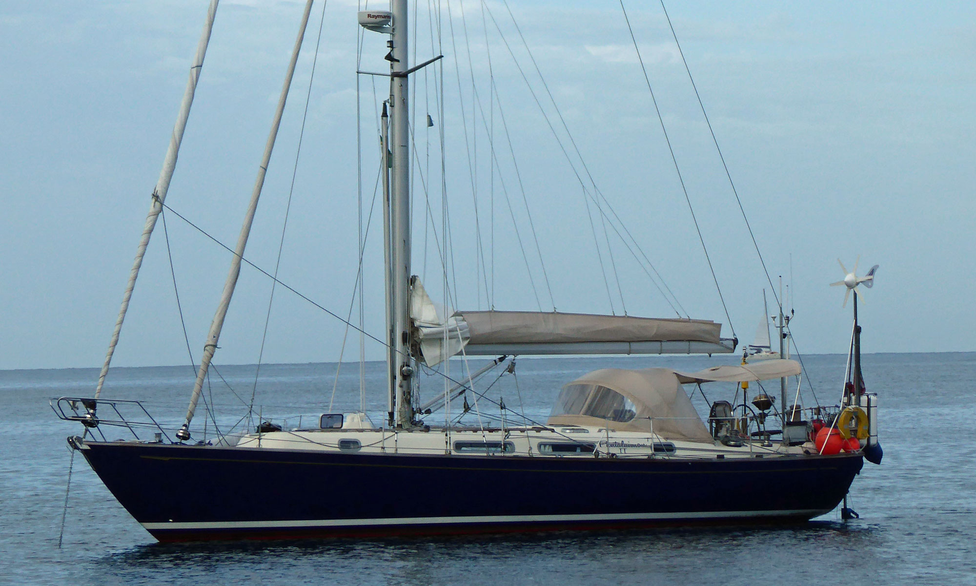 A Rustler 42 sailboat at anchor