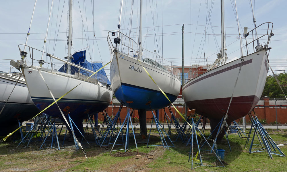 Sailboats layed-up ashore for hurricane season