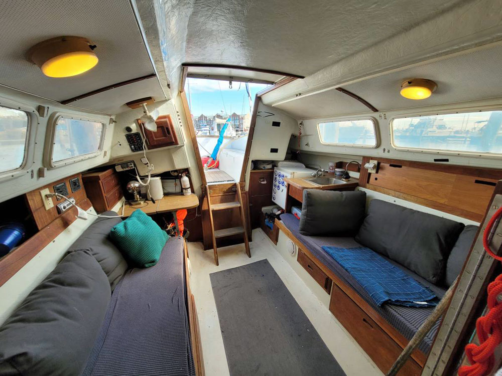 Newport 28 sailboat, salon looking aft