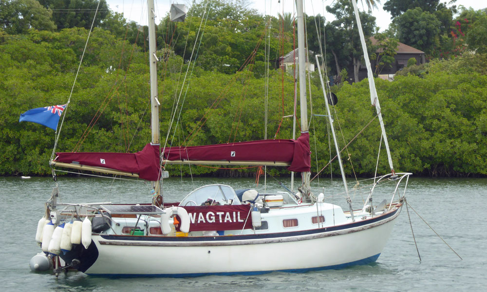'Wagtail', a Seadog 30 Ketch, at anchor in the mangroves at English Harbour, Antigua