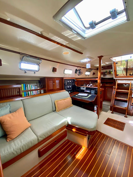 Upholstered seating in salon of 40 ft cruising yacht