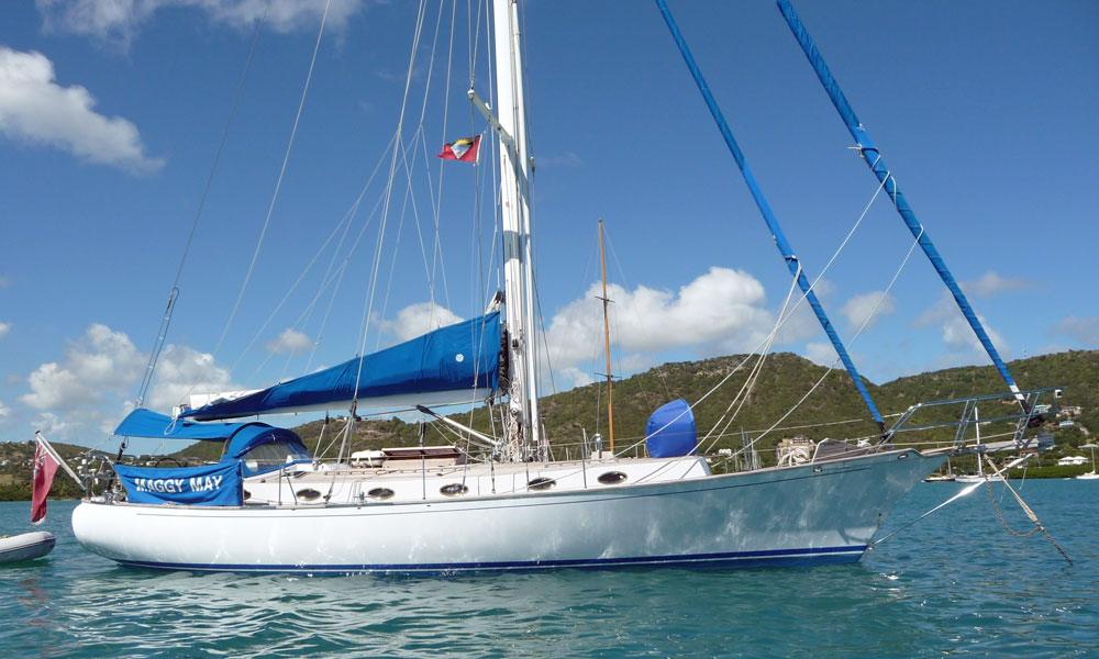 'Maggy May', a Shearwater 45 long-distance cruising boat at anchor in Jolly Harbour, Antigua