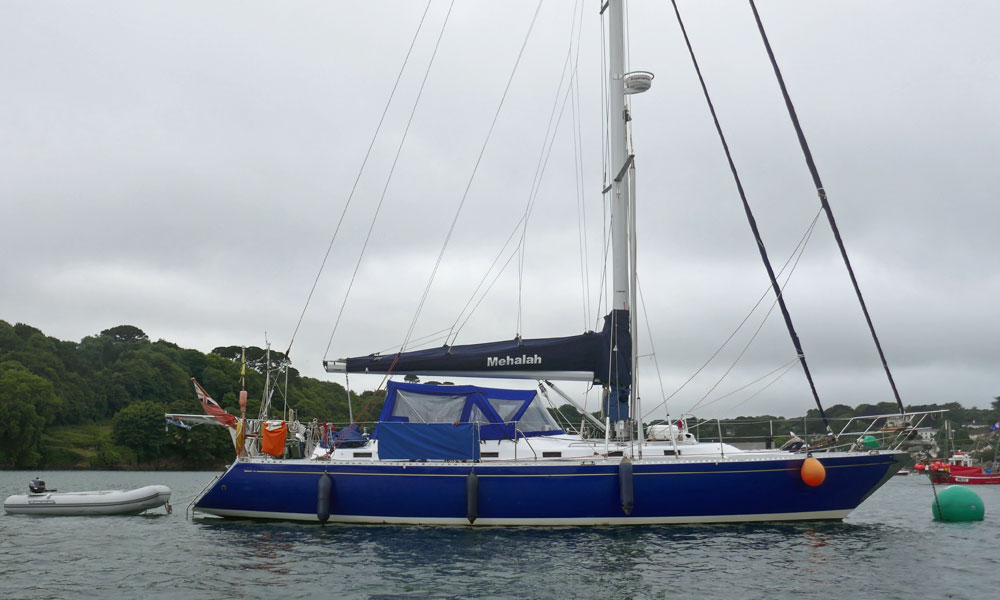 Stephens Custom 47 'Mehalah' at anchor on the Helford River in Cornwall, UK