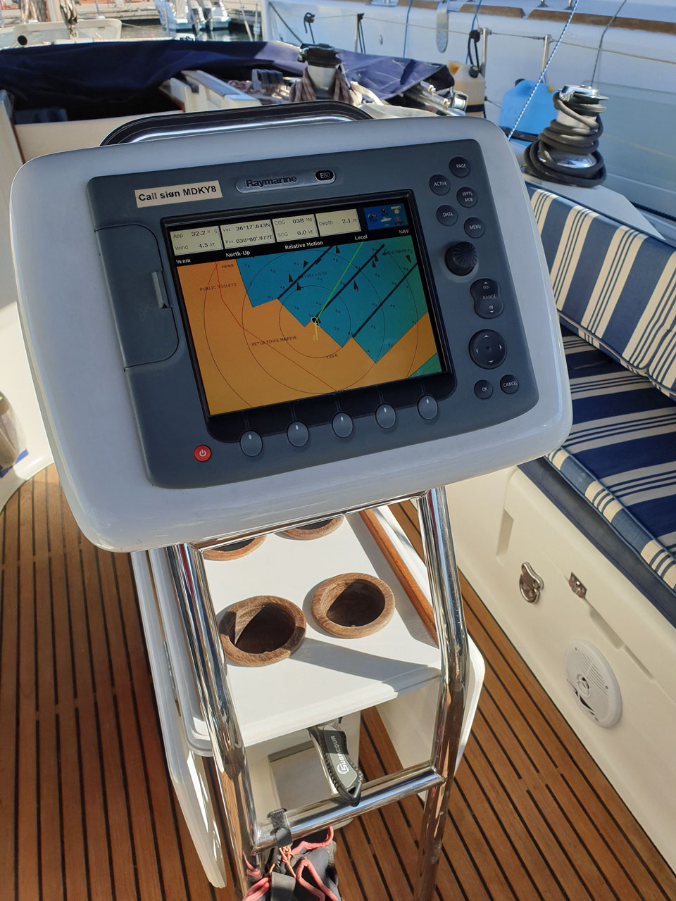 The chartplotter at the helm of a Jeanneau Sun Odyssey 45-1 sailboat