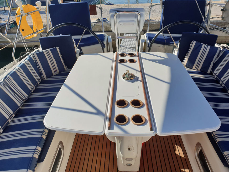 The cockpit table on a Jeanneau Sun Odyssey 45-1 sailboat