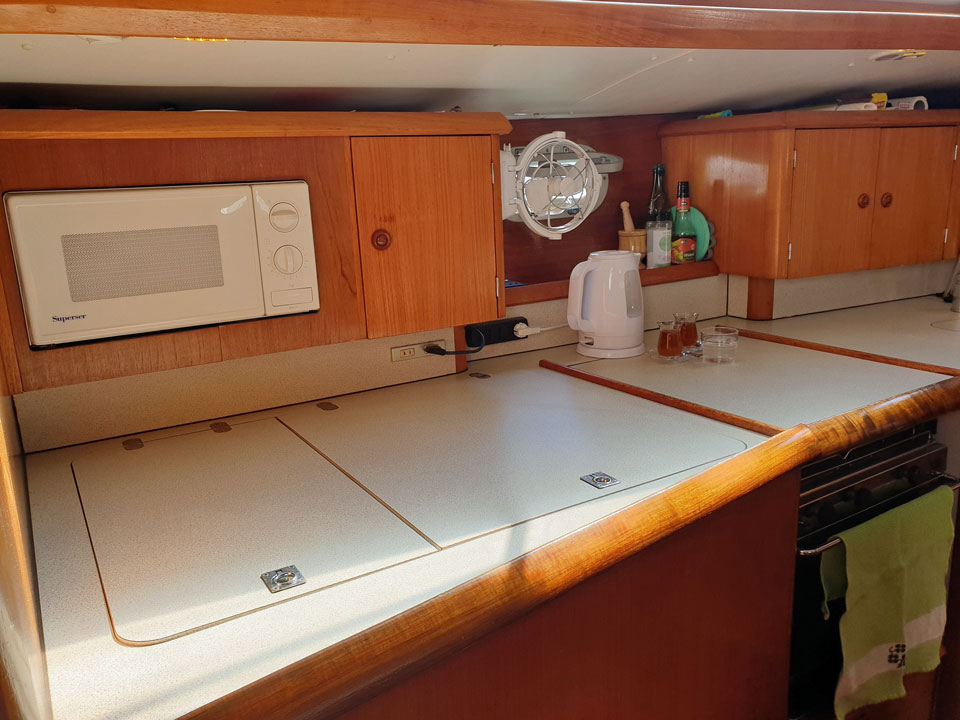 The linear galley on a Jeanneau Sun Odyssey 45-1 sailboat