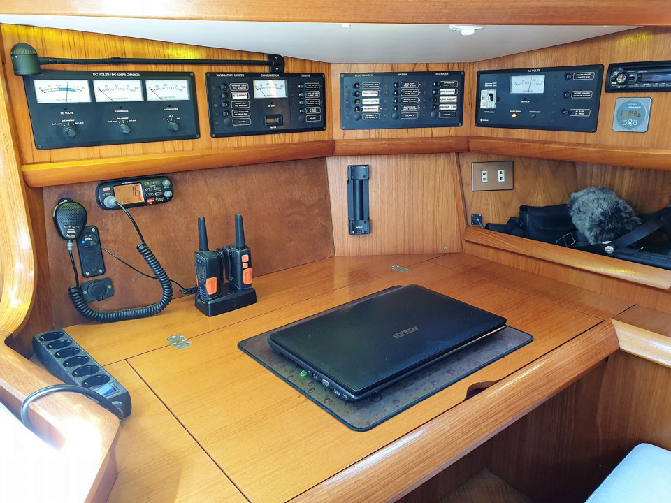 The navigation station on a Jeanneau Sun Odyssey 45-1 sailboat