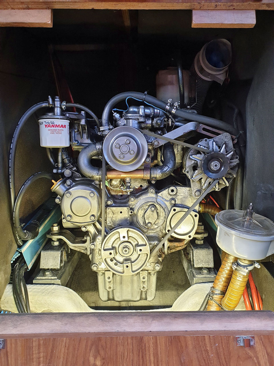 The engine bay on a Jeanneau Sun Odyssey 45-1 sailboat