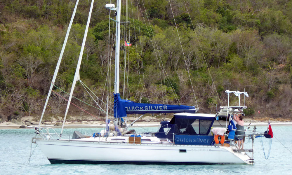 The Sun Legende 41 cruising yacht 'Quicksilver' at anchor off Jolly Harbour, Antigua