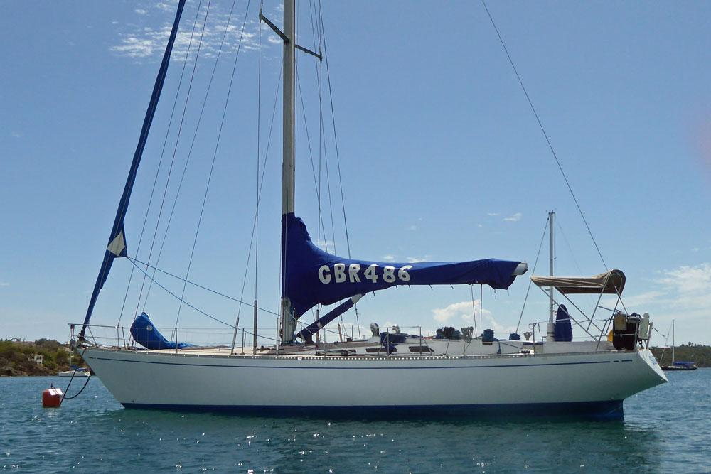 A Swan 48 sailboat on a mooring ball