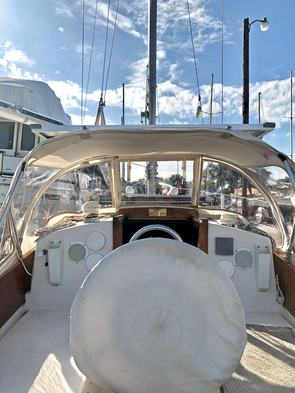 The cockpit on a Tartan 34C sailboat