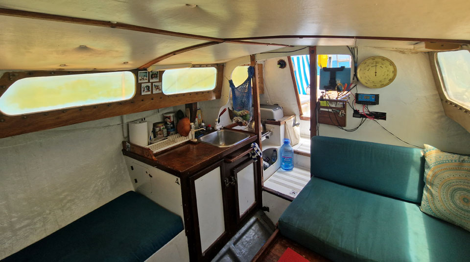 The galley of a Van de Stadt 30 sailboat
