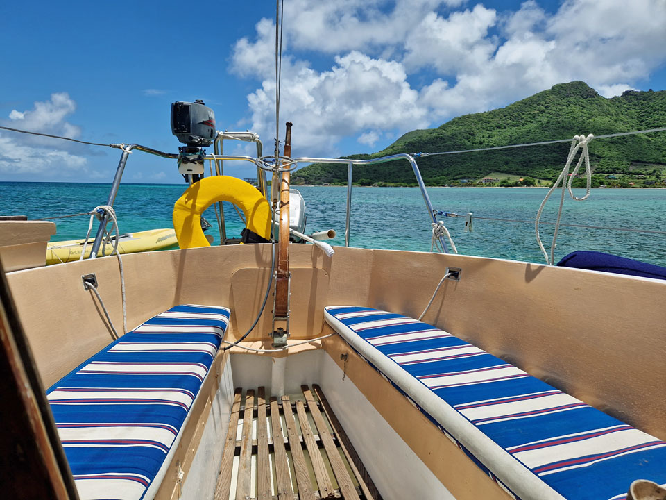 The cockpit of a Van de Stadt 30 sailboat