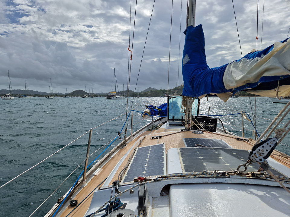 Solar panels installed on the coachroof of a Van de Stadt 30 sailboat