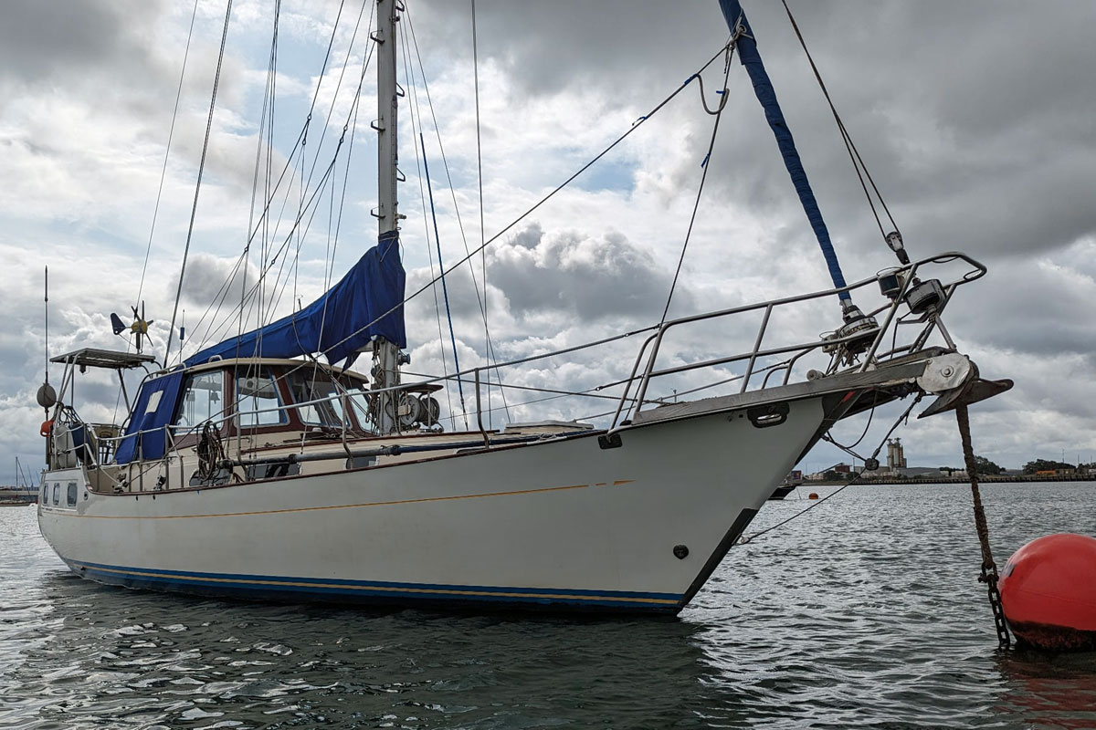 'Quaranta', a unique sloop version of the Victory 41 on her mooring