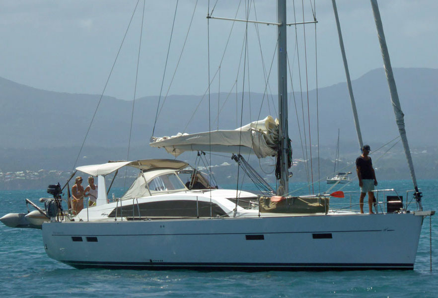 A Wauquiez Pilot Saloon 48-2 sailboat preparing to weigh anchor