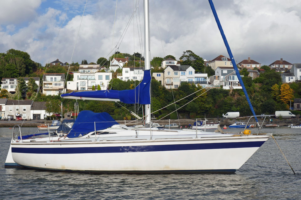 A Westerly GK 29 sailboat moored on the River Tamar in the UK