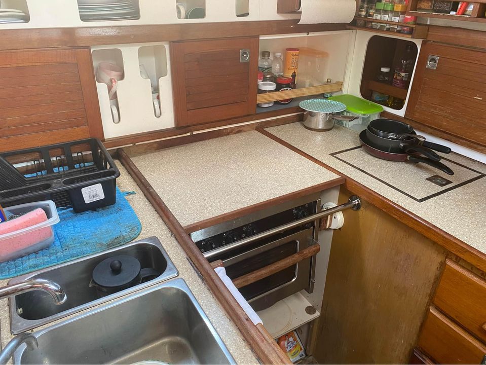 The galley of a Westerly Oceanlord 41 sailboat