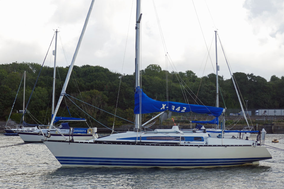 An X-342 sailboat on a Tamar River Sailing Club mooring in the southwest of England