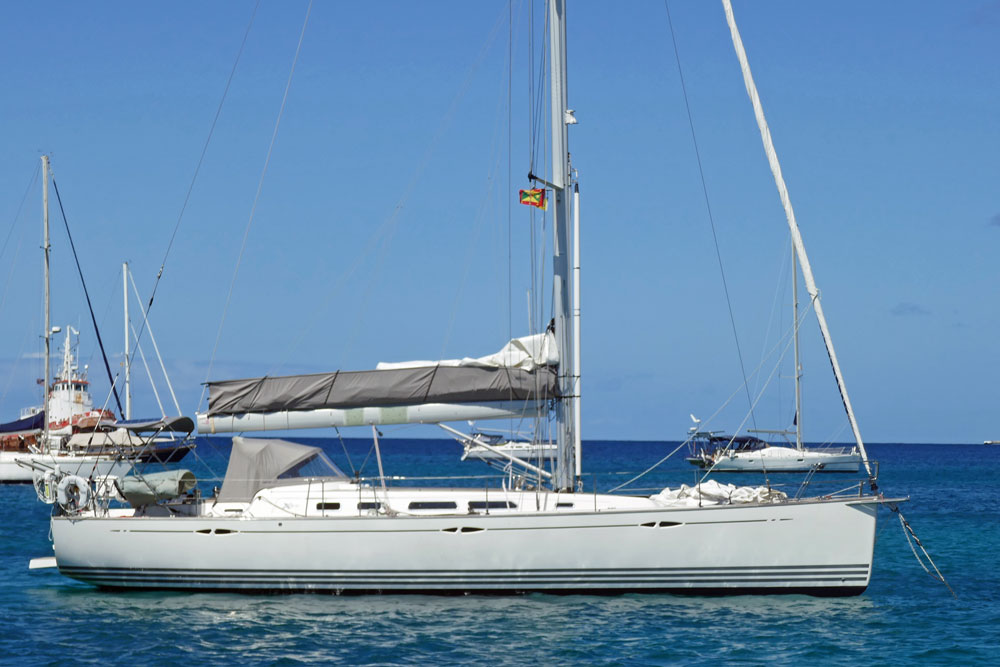 An Xc-45 sailboat at anchor in Tyrell Bay, Carriacou, West Indies