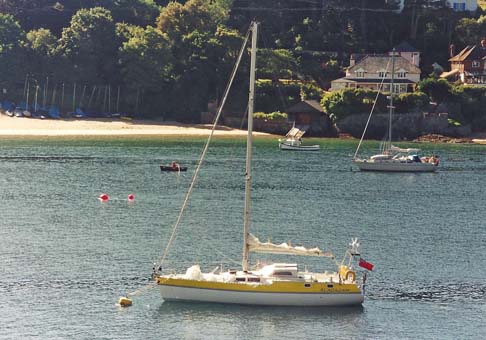 Alacazam at anchor on the Helford River