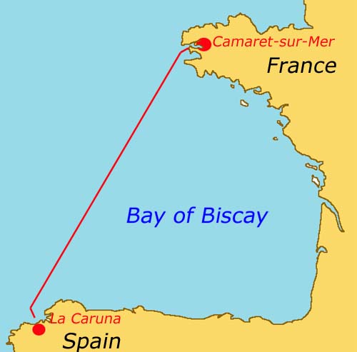 sailing route across biscay, from Camaret-sur-Mer in France to La Caruna in Spain